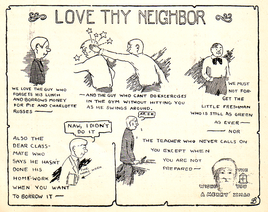 Crockett Johnson, "Love Thy Neighbor," cartoon from the Newtown H.S. Lantern, Dec. 1921
