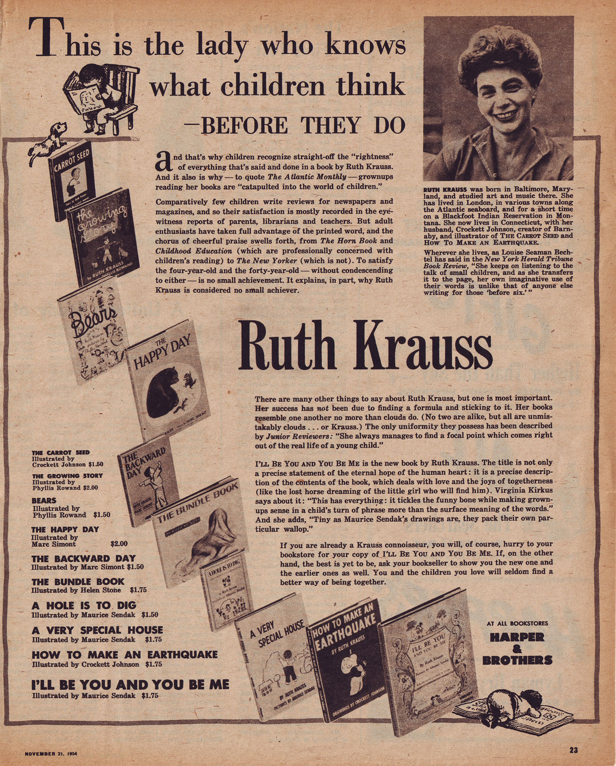 Ruth Krauss: Harper advertisement, 1954