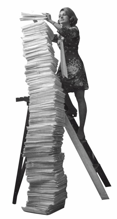Woman climbing ladder to top of stack of papers