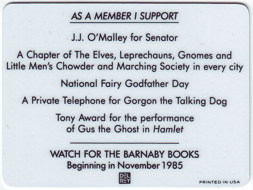 Barnaby International Fan Club (Del Rey, 1985), back of card