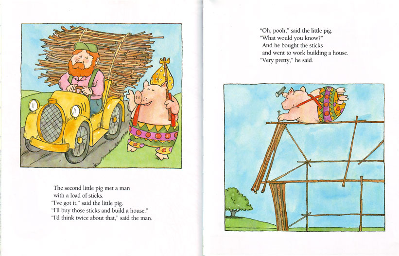 James Marshall, The Three Little Pigs (1989): second pig builds his house (original version)