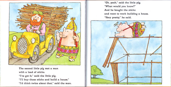 James Marshall, The Three Little Pigs (2000): second pig builds his house (new version, as mangled by Grosset & Dunlap))