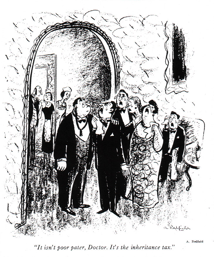 "It isn't poor pater, Doctor. It's the inheritance tax." Cartoon by A. Redfield (Syd Hoff). Printed in New Masses, 16 May 1939.
