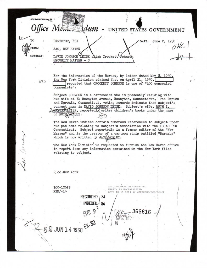 Crockett Johnson's FBI file, page 1