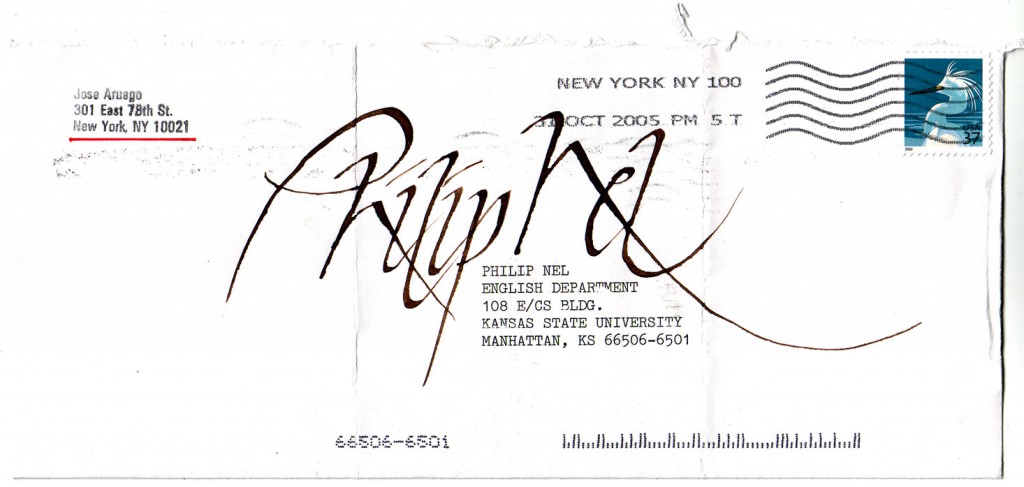 Jose Aruego, envelope addressed to Philip Nel, 2005