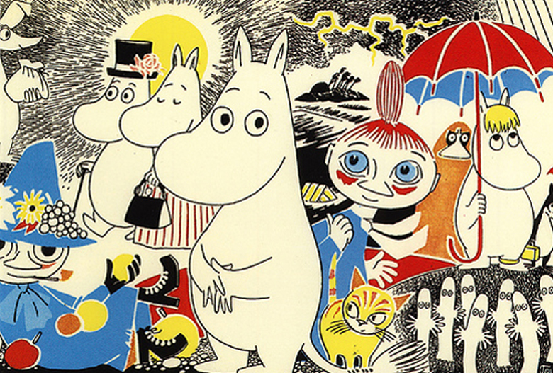 Left to right: Sniff, Snufkin, Moominpappa, Moominmamma, Moomintroll, Mymble, Groke, Snork Maiden, Hattifatteners