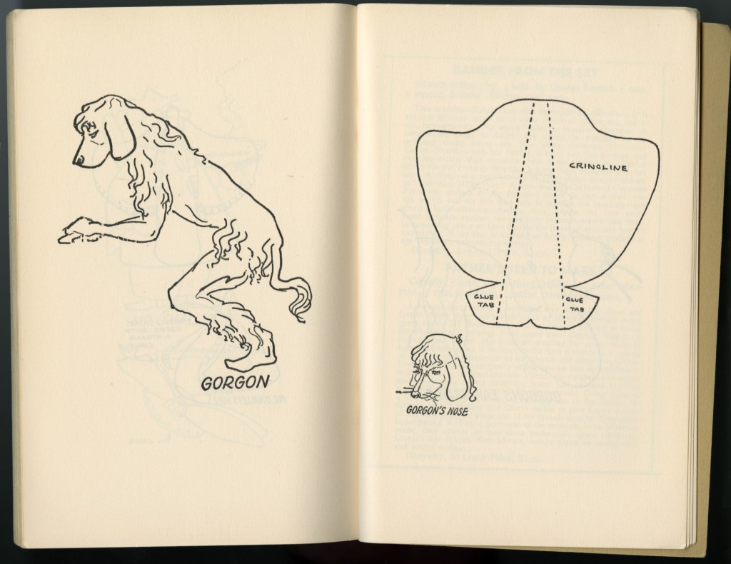 sketches of Crockett Johnson's Gorgon (by an unknown artist), in Robert and Lillian Masters' Barnaby (Samuel French, 1950)