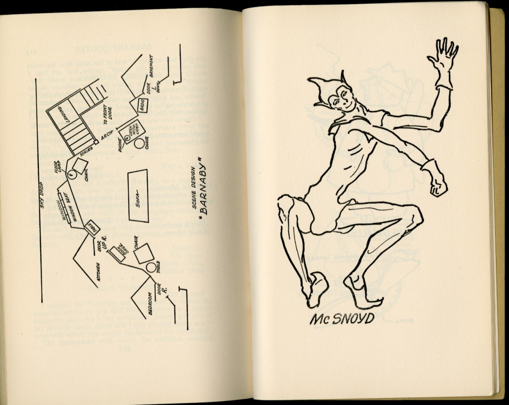sketches of Crockett Johnson's McSnoyd (by an unknown artist), in Robert and Lillian Masters' Barnaby (Samuel French, 1950)