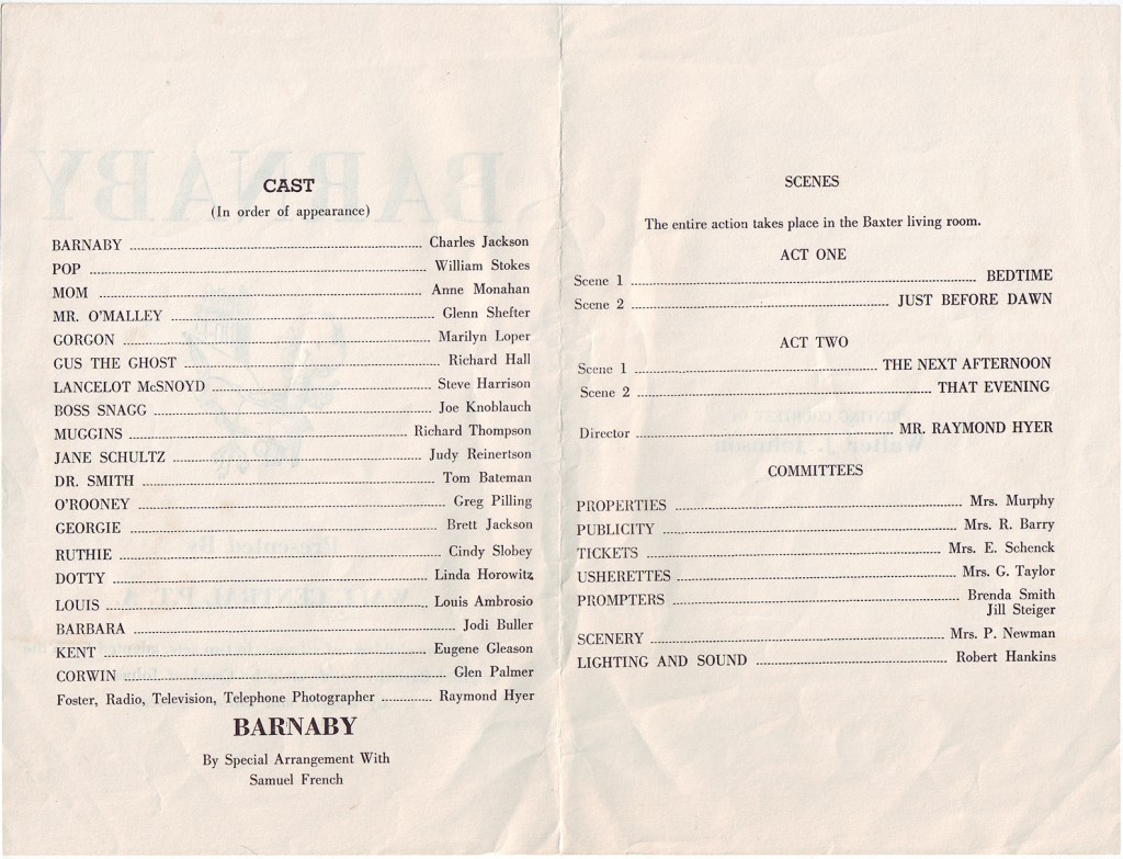 Robert and Lillian Masters' Barnaby: program from Wall Central School, New Jersey, c. 1950s