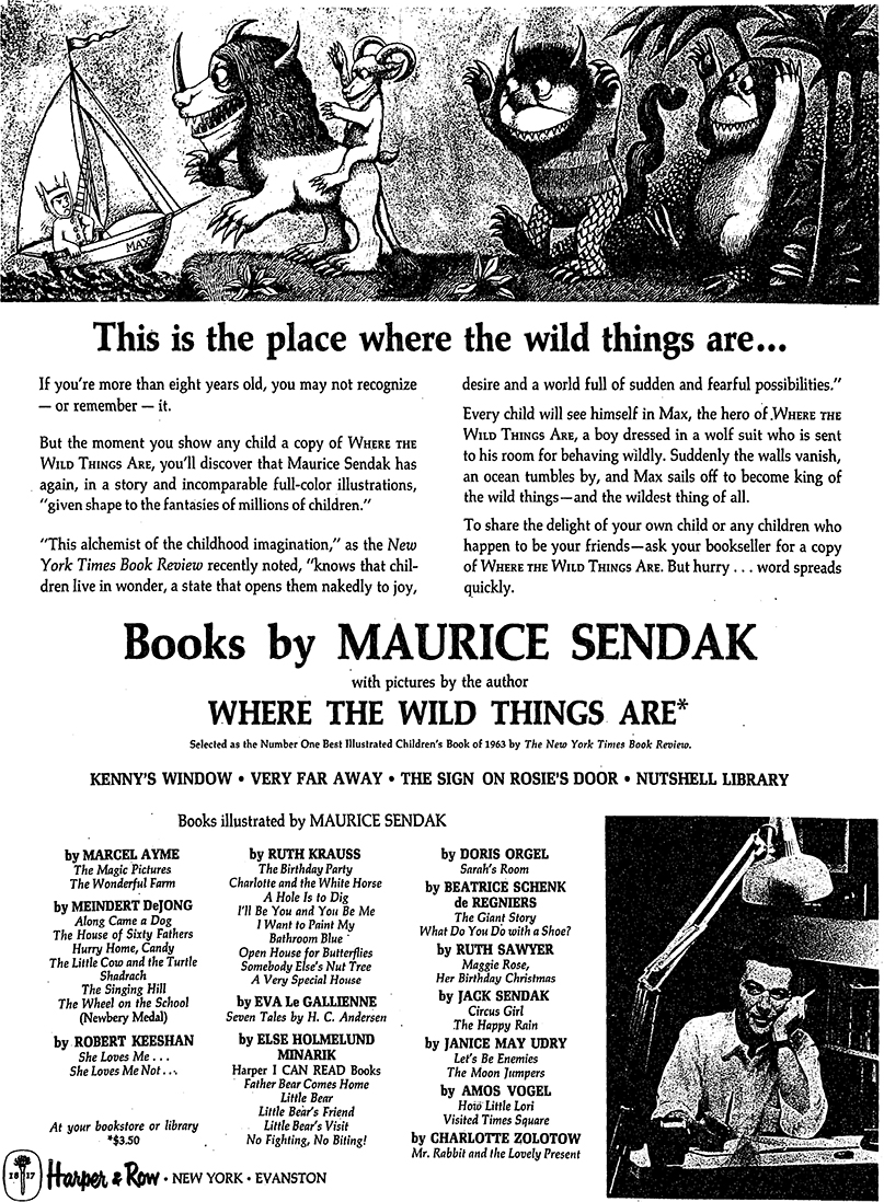 advertisement for Sendak's Where the Wild Things Are, New York Times, 1 Dec 1963