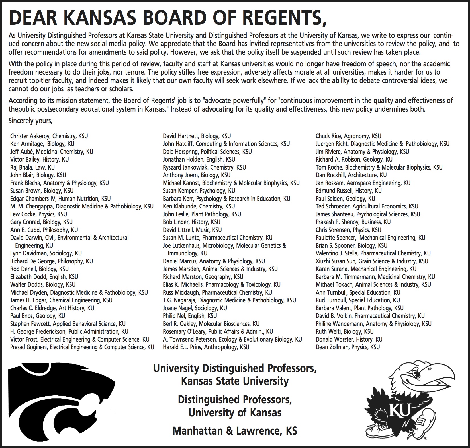 Letter to Kansas Board of Regents, Manhattan Mercury