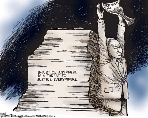 Kevin Siers, "Injustice anywhere is a threat to justice everywhere." Editorial cartoon. Charlotte Observer, 14 Aug. 2014
