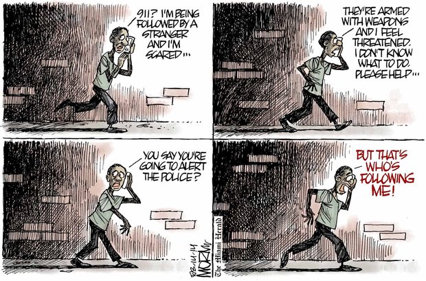 Jim Morin, "911? I'm being followed by a stranger, and I'm scared...." Editorial cartoon. Miami Herald, 1