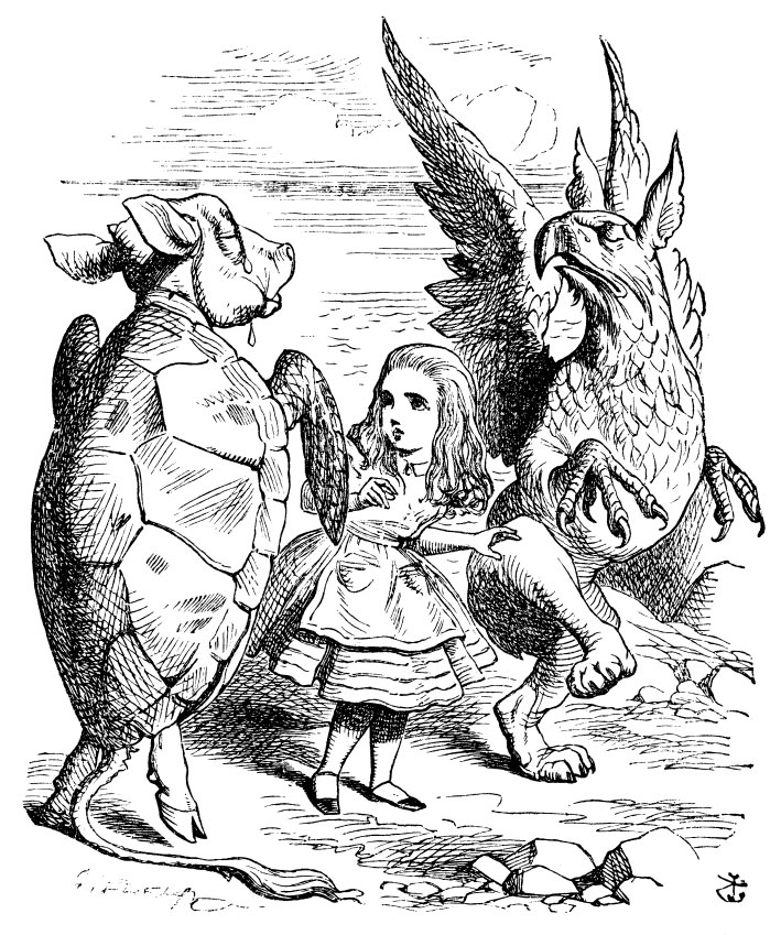 John Tenniel, illus. of Mock Turtle, Alice, & Gryphon from Lewis Carroll's Alice's Adventures in Wonderland (1865)