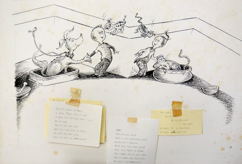 A story board complete with typewritten notes taped from the Dr. Seuss book, "The Pet Store" (UCSD)