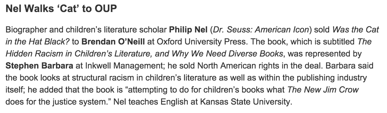"Nel Walks ‘Cat’ to OUP" (Publishers Weekly)