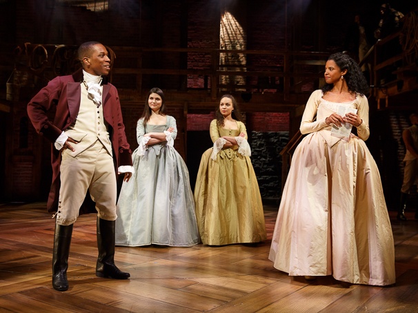 Hamilton: Aaron Burr (Leslie Odom Jr.) and the Schuyler Sisters (Phillipa Soo, Jasmine Cephas Jones, RenÃ©e Elise Goldsberry)