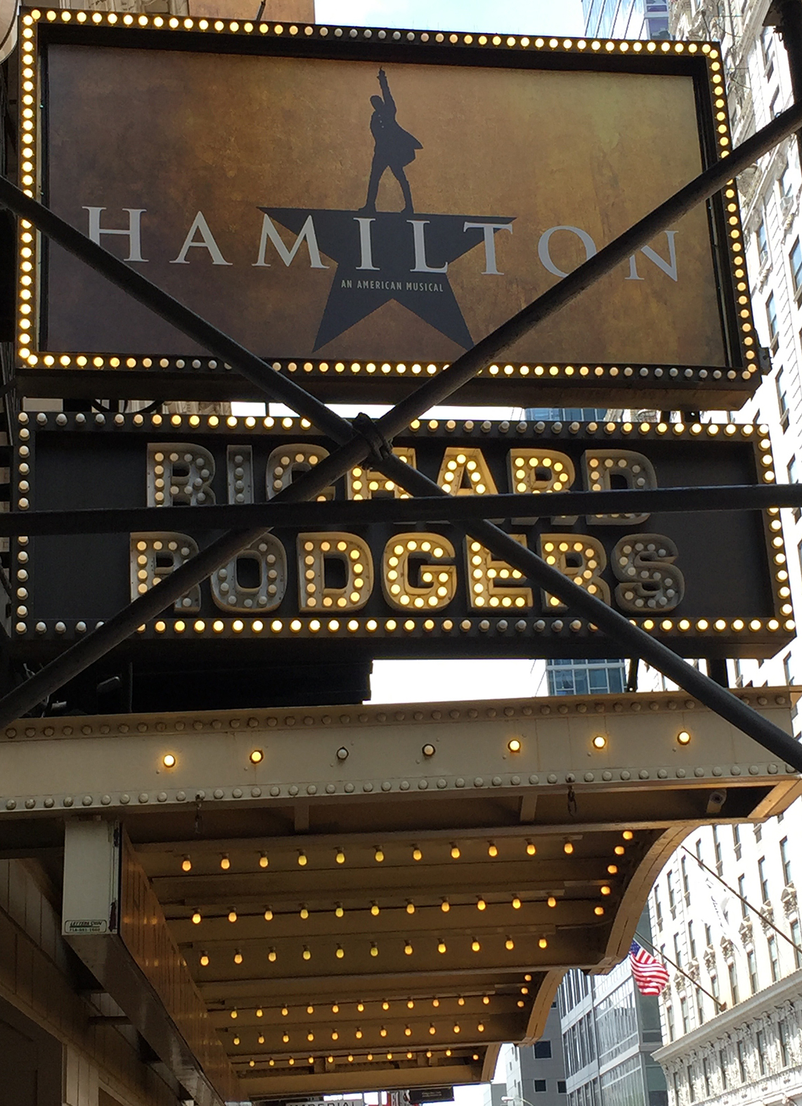 Hamilton, Richard Rodgers Theatre: marquee, as you approach from the left side, queuing to get in.