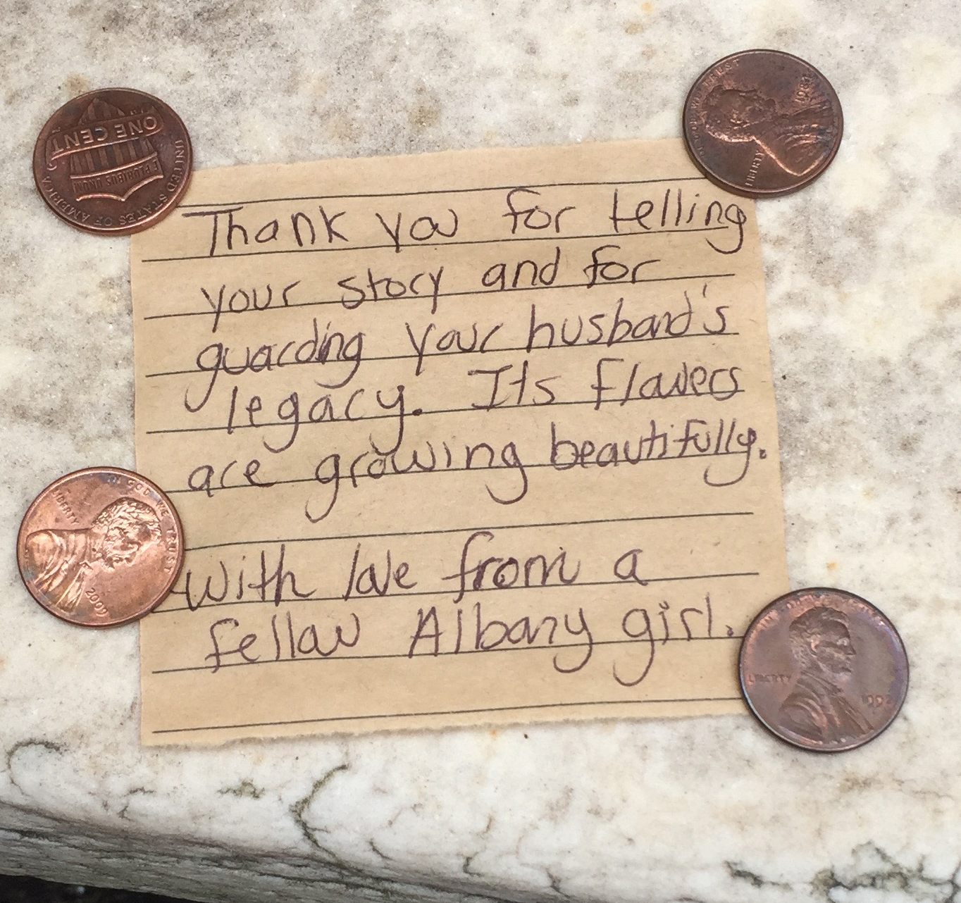 Note left on Eliza Hamilton's grave, 3 July 2016
