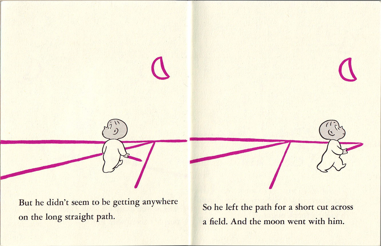 Crockett Johnson, Harold and the Purple Crayon (1955): "And the moon went with him."