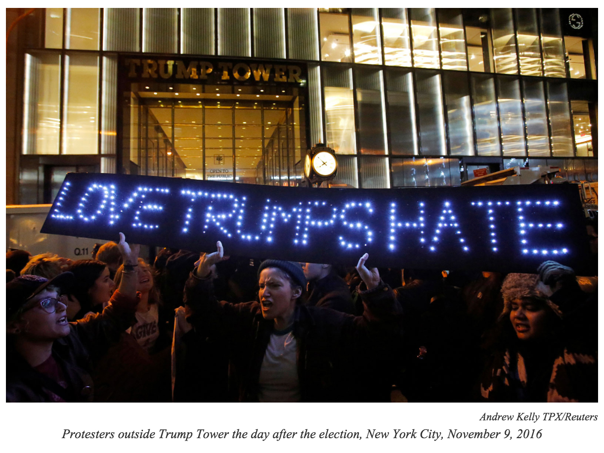 Protesters outside Trump Tower the day after the election, New York City, November 9, 2016