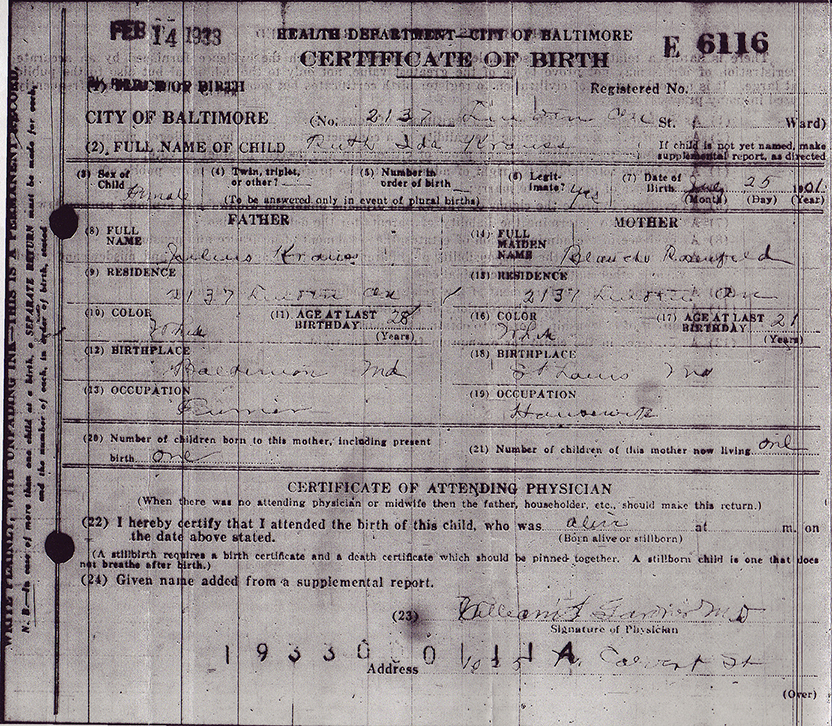 Ruth Krauss's birth certificate