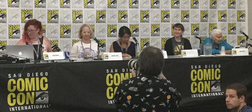 She Changed Comics panelists (left to right: Betsy Gomez, Jenni Holm, Thi Bui, Caitlin McCabe, Joyce Farmer)