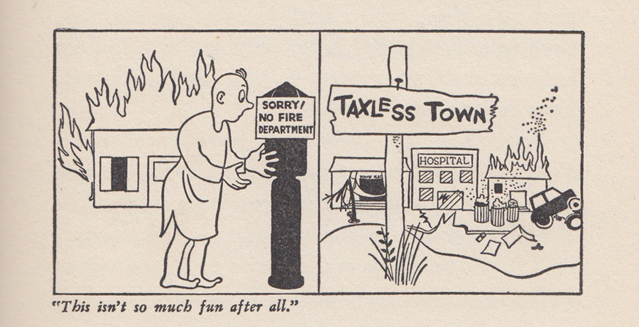 Crockett Johnson, "Taxless Town, part 2" from Constance J. Foster, This Rich World: The Story of Money (1943)
