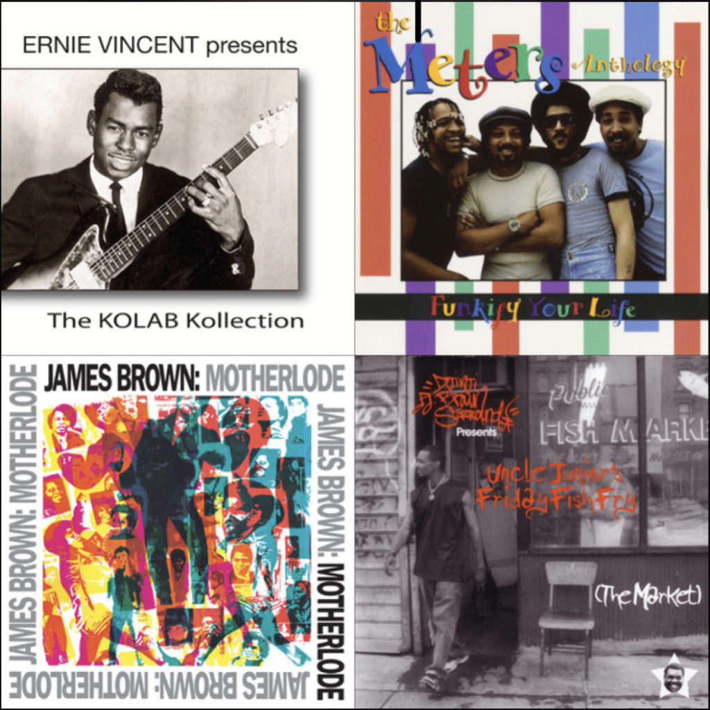 covers for albums by the Meters, James Brown, and some funk compilations