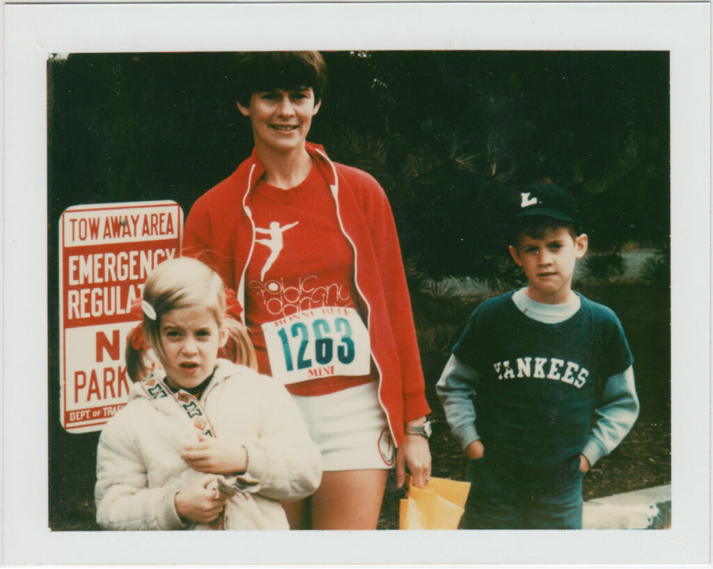 photograph of Linda Nel, Gloria Nel, Philip Nel, just before Gloria ran the Bonne Bell Mini Marathon, 1977.